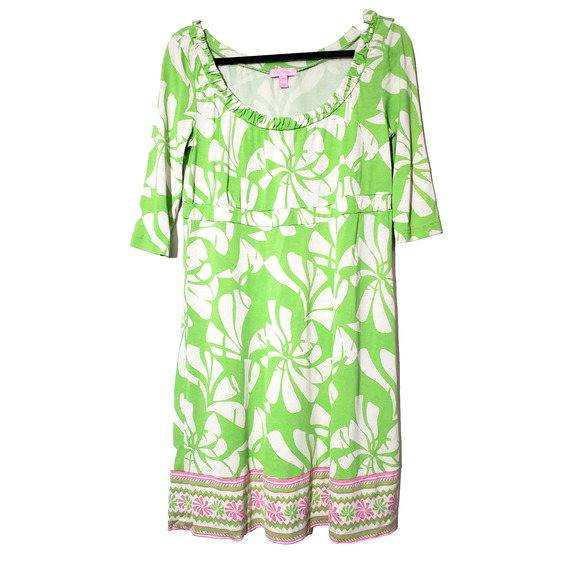 Lilly Pulitzer VTG Goldy Border Print Dress Womens XS 100% Silk Green Pink - Picture 1 of 12